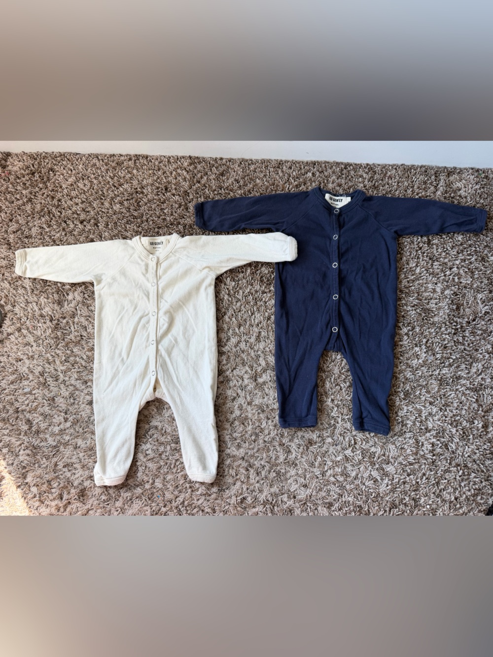 Go Gently Nation lot of 2 cream and navy snap up organic cotton bodysuits 0-3M